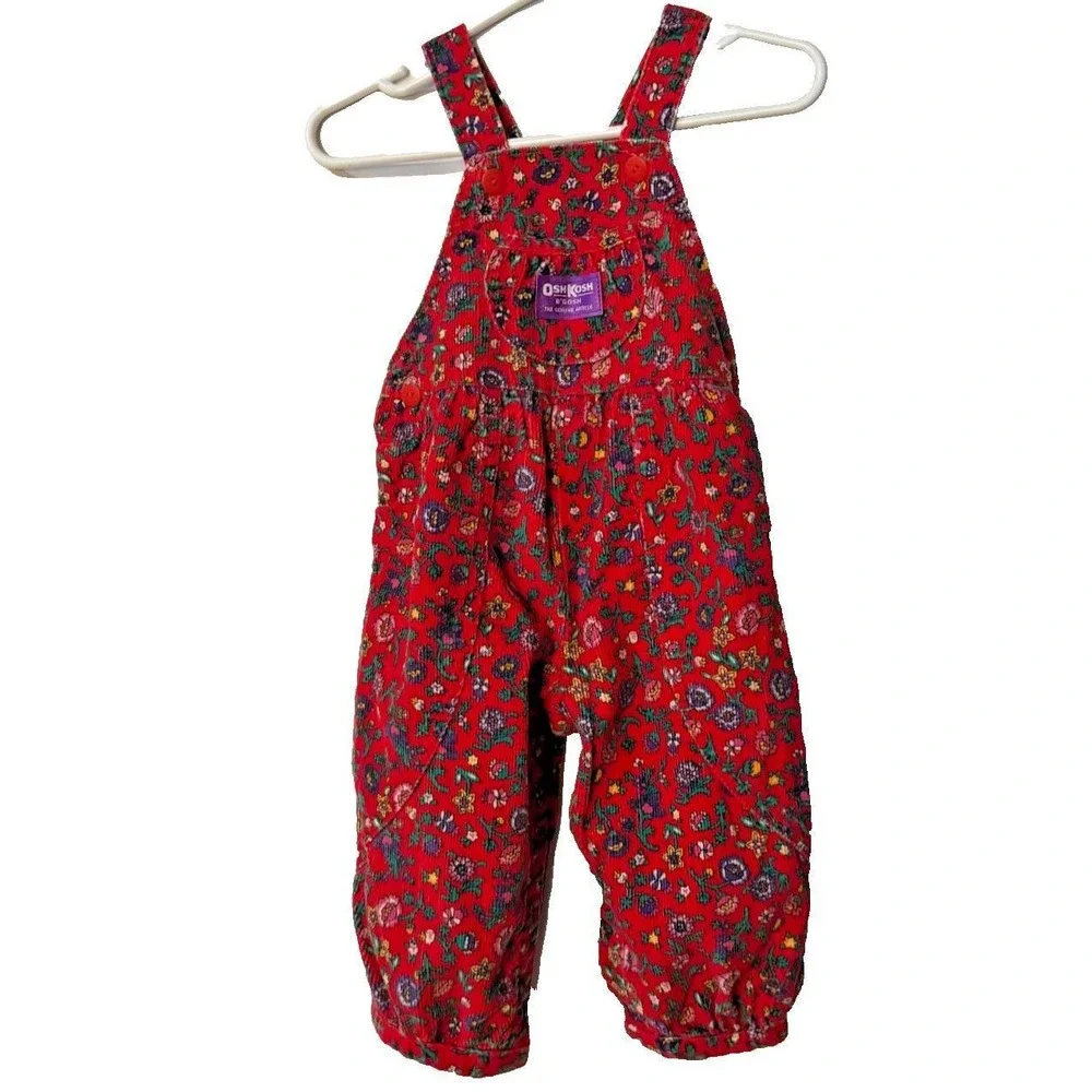 Vtg OshKosh B'Gosh‎ USA red floral romper bubble 18M baby girl cotton blend